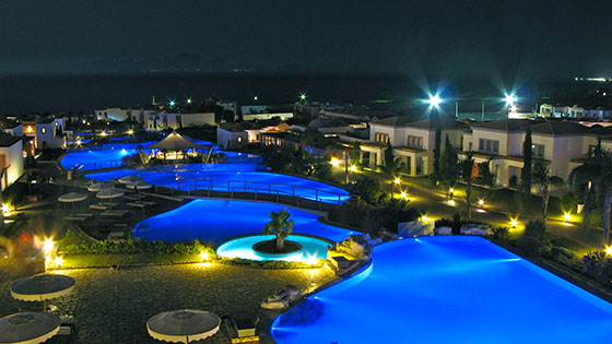Night view of the Mitsis Blue Domes Hotel